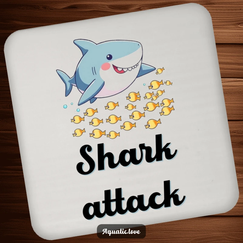Funny drink coaster featuring a playful shark with small fins playfully chasing tiny fish, adding a splash of aquatic fun.