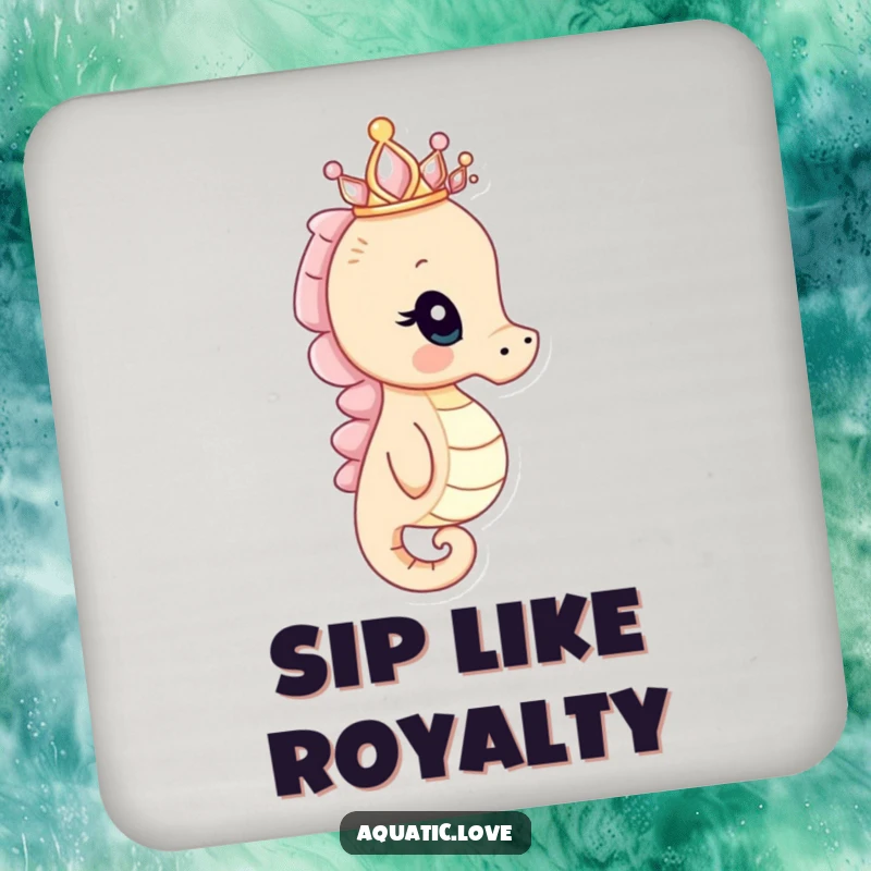 Funny seahorse coaster with a curious creature wearing a tiny seashell crown peering into the distance, protecting surfaces with regal humor.