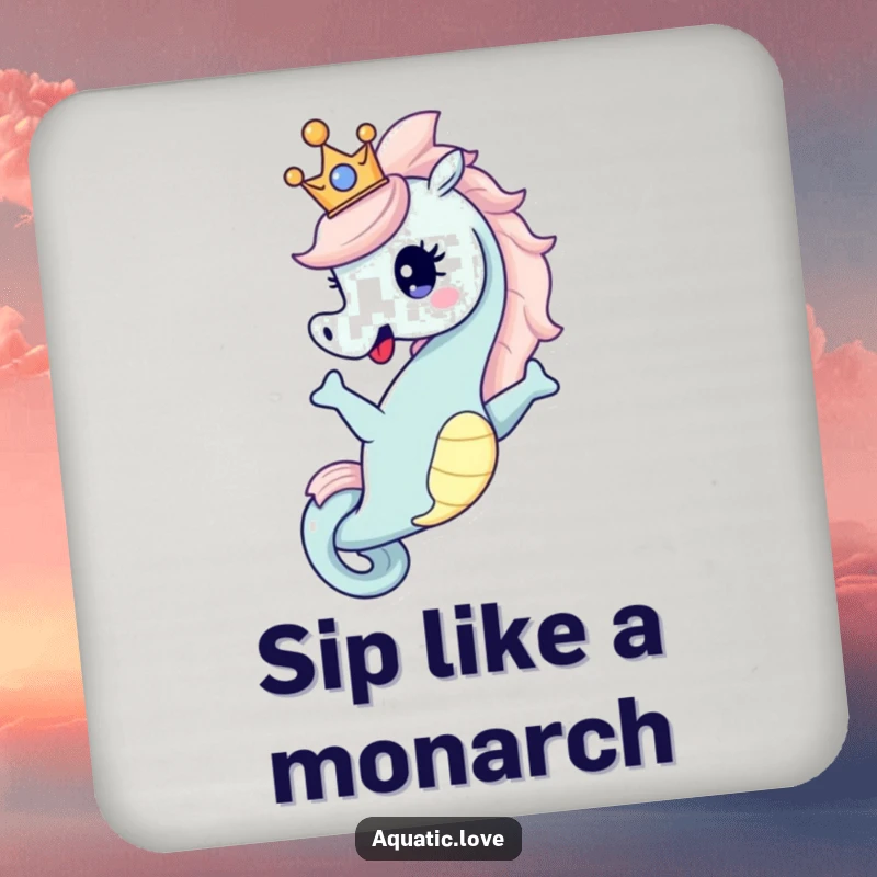 Funny Coaster with a happy seahorse character dramatically posing with a tiny crown, offering protection with regal charm.