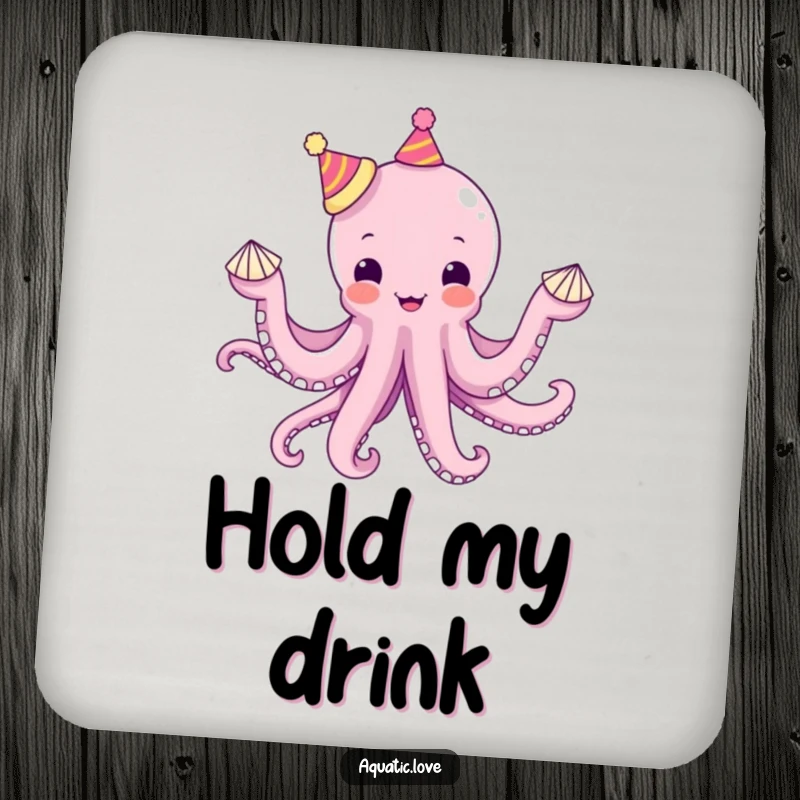 Funny octopus coaster with a delighted creature juggling seashells with tiny hats on each tentacle, protecting surfaces with whimsical humor.
