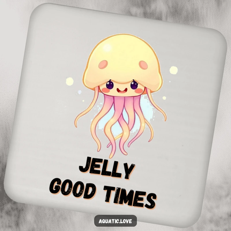 Funny drink coaster featuring a happy jellyfish with glowing tendrils bobbing cheerfully, adding a touch of radiant fun.