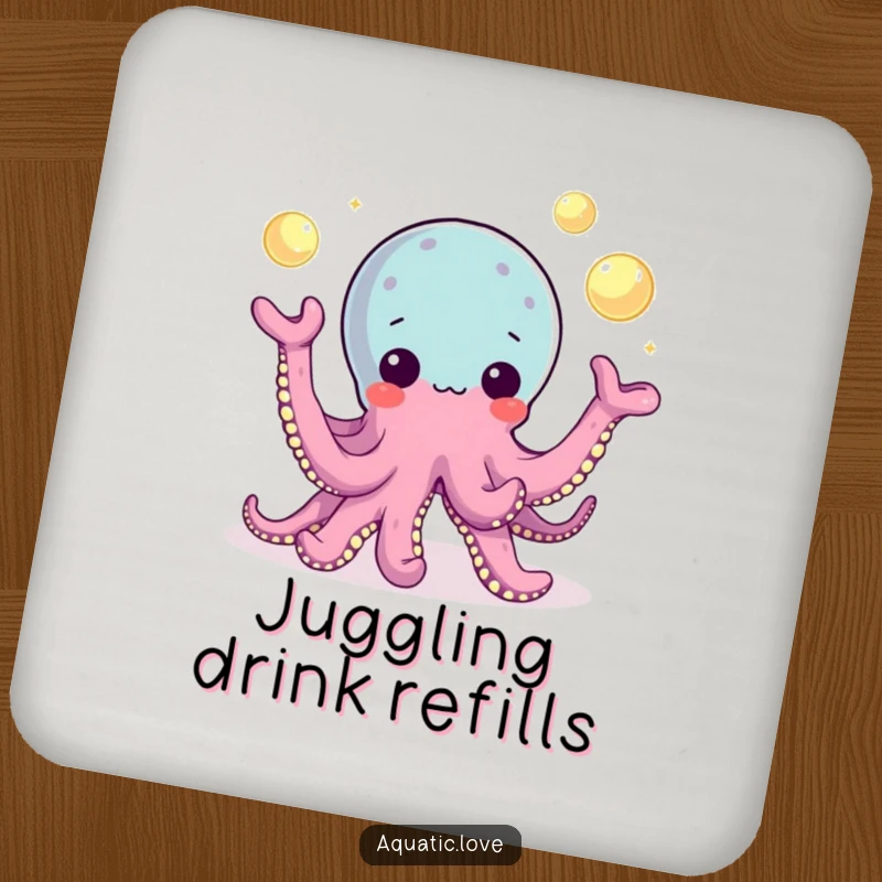 Funny Coaster with a playful octopus character juggling glowing pearls with its tentacles, offering protection with enchanting skill.