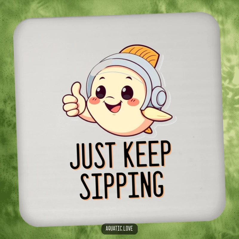 Funny drink coaster with a cheerful fish in a diving helmet giving a thumbs up, protecting surfaces with a smile.