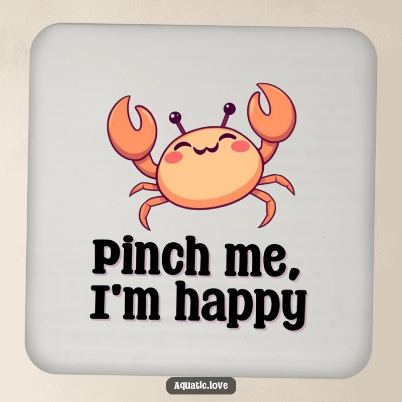 Funny crab coaster with a giggling creature happily scuttling sideways, protecting surfaces with seaside humor.