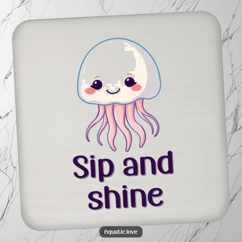 Funny drink coaster with a smiling jellyfish character gently pulsating with soft light, protecting surfaces with gentle charm.