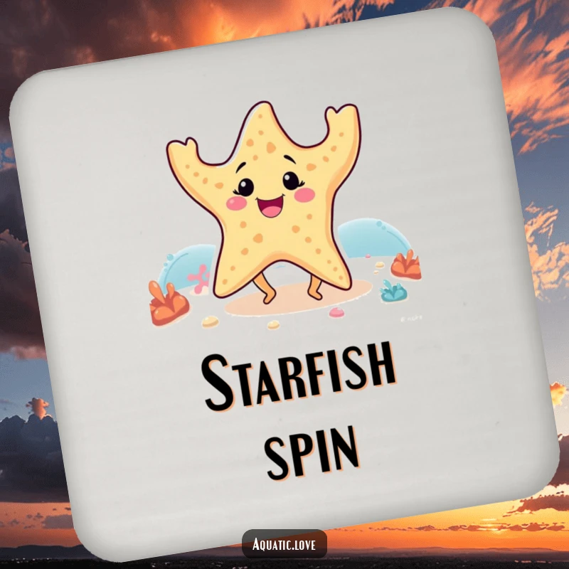 Funny drink coaster featuring a smiling starfish with tiny legs dancing joyfully on the seabed, adding humor to any table.