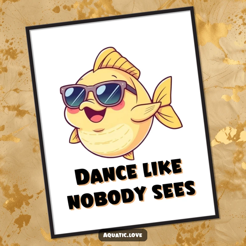 Funny Poster depicting a cheerful fish character wearing tiny sunglasses, performing a comical dance, adding humor to any room.