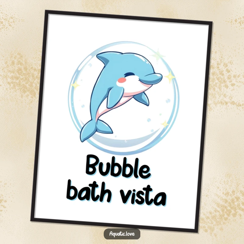 Funny poster art of a playful dolphin jumping through a sparkling bubble arch, emanating joy and aquatic wonder.