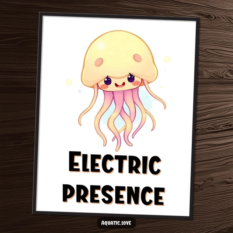 Funny poster showcasing a happy jellyfish with luminous, glowing tendrils bobbing cheerfully in the water, creating a vibrant underwater scene.