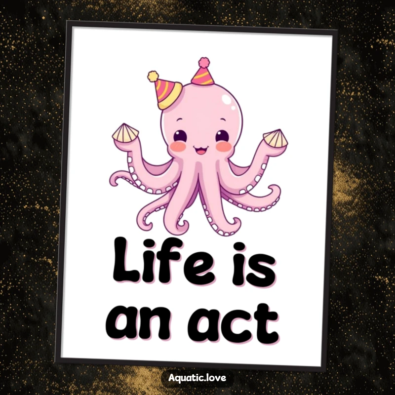 Funny octopus poster depicting a delighted creature with tiny hats on each tentacle juggling seashells, adding whimsical humor to decor.