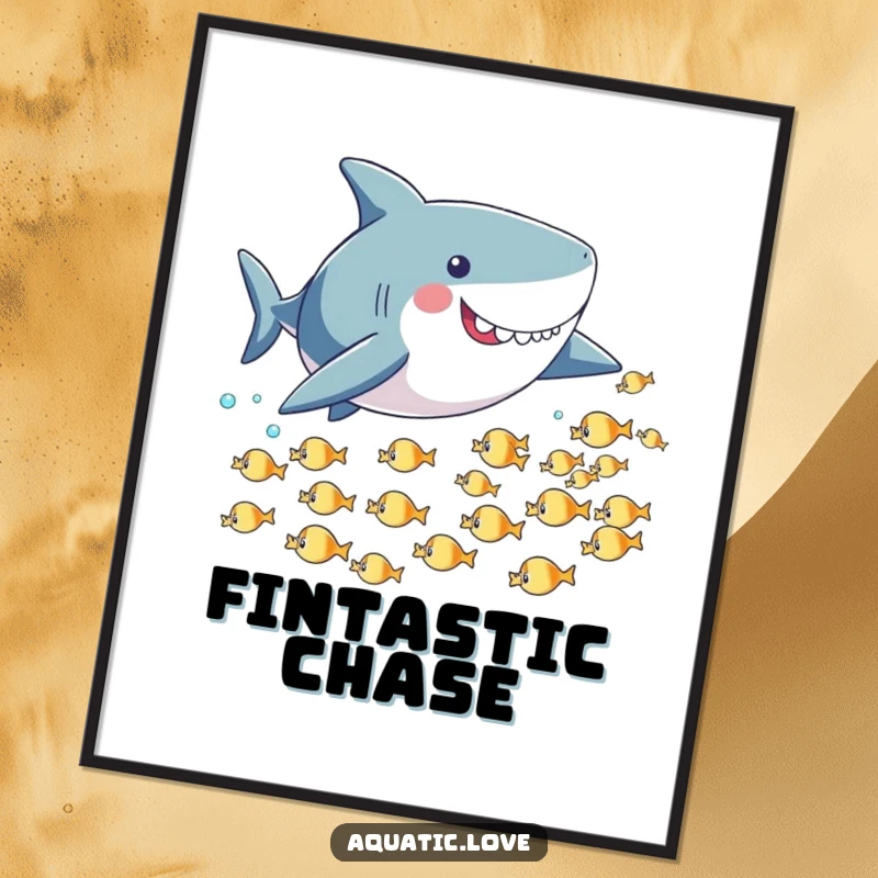Funny poster depicting a playful shark with small fins energetically pursuing a school of tiny fish in a dynamic underwater scene.