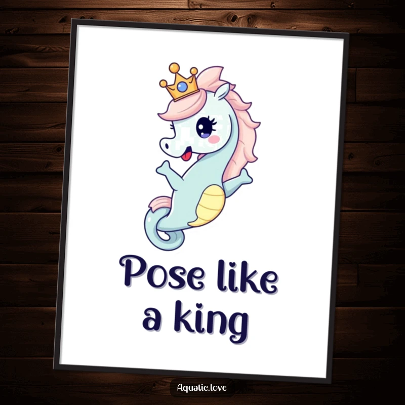 Funny Poster depicting a happy seahorse character striking a dramatic pose, wearing a tiny crown, embodying aquatic nobility and whimsy.