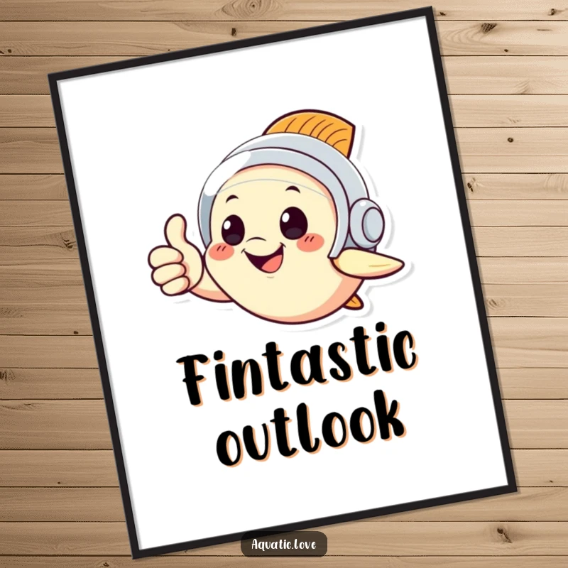 Funny poster art of a happy fish in a tiny diving helmet giving a thumbs up, ideal for adding a humorous touch to any wall.