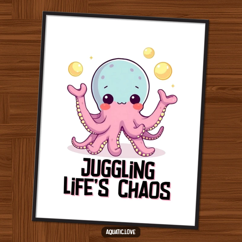 Funny Poster depicting a playful octopus character masterfully juggling glowing pearls with its tentacles, creating a magical and artistic display.