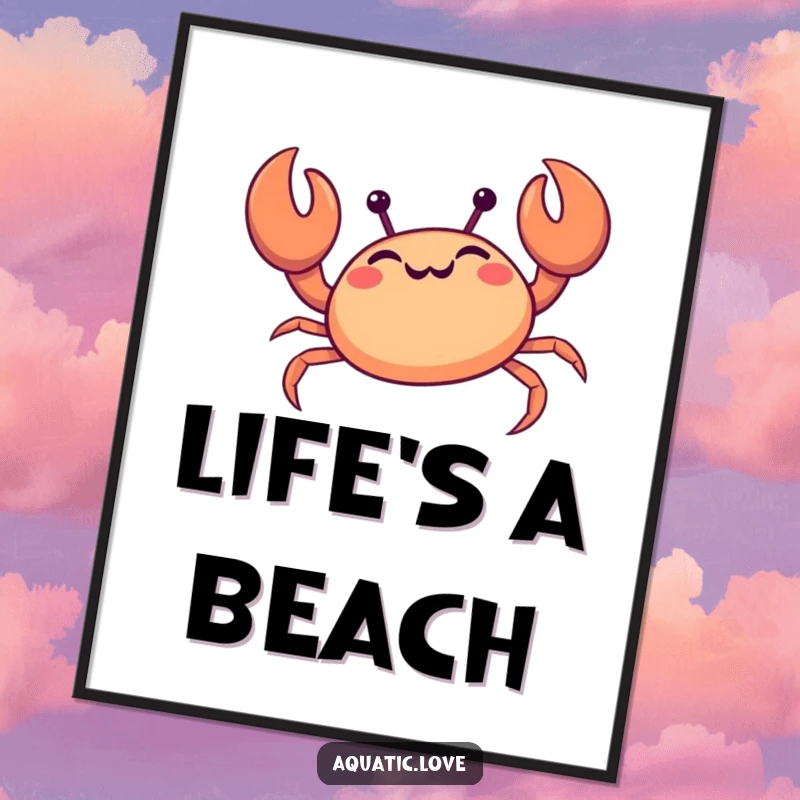 Funny crab poster depicting a giggling creature happily scuttling sideways with raised claws, bringing ocean humor to decor.