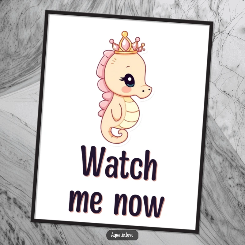 Funny seahorse poster depicting a curious creature wearing a tiny seashell crown and peering into the distance, adding regal ocean humor to decor.