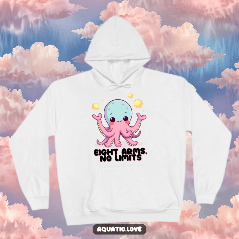 Funny Hoodie featuring a playful octopus character juggling glowing pearls with multiple tentacles, creating a captivating and magical scene.