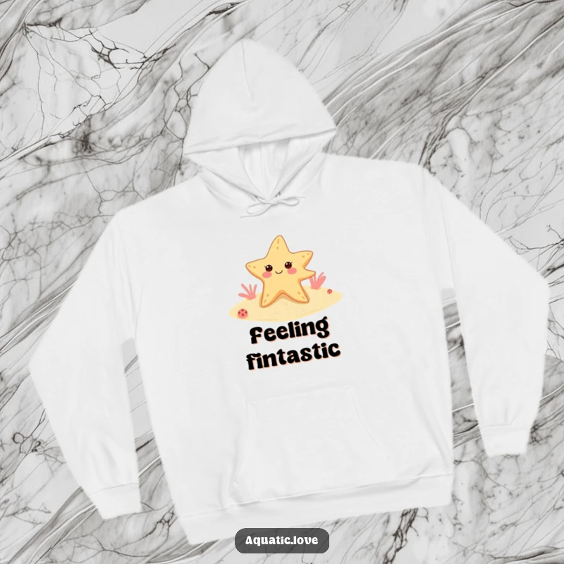 Funny starfish hoodie showing a cheerful, winking sea star sporting tiny flippers on a sandy bottom, perfect for cozy humor.