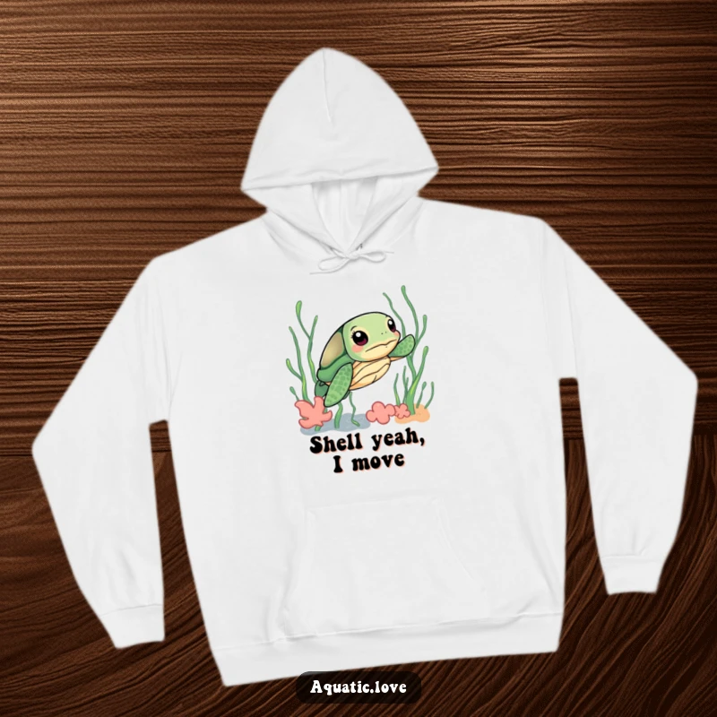 Funny hoodie featuring a curious sea turtle with a determined expression, navigating through a playful entanglement of seaweed.