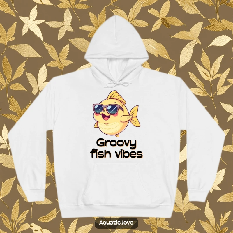 Funny Hoodie showcasing a cheerful fish character wearing tiny sunglasses, doing a lively dance, embodying pure joy and silliness.