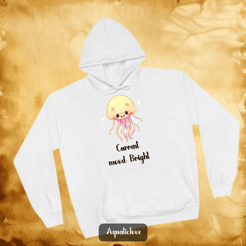 Funny hoodie depicting a happy jellyfish with softly glowing tendrils, bobbing cheerfully, perfect for cozy warmth and style.