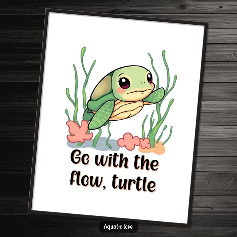 Funny Free Printable Wall Art: A curious sea turtle with a focused, determined look navigates through whimsical, playful seaweed.