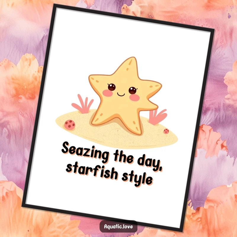 Funny Free Printable Wall Art: Cheerful starfish wearing tiny flippers winks mischievously from a sandy seabed.