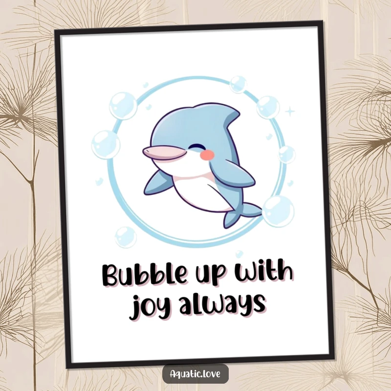 Funny Free Printable Wall Art: A happy dolphin character giggles while leaping through a large hoop filled with iridescent bubbles.