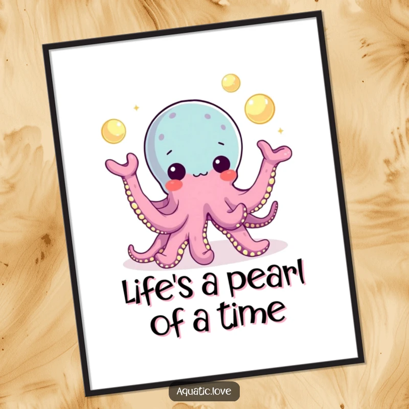 Funny Free Printable Wall Art: A playful octopus juggles numerous glowing pearls with its tentacles in a mesmerizing, artistic display.