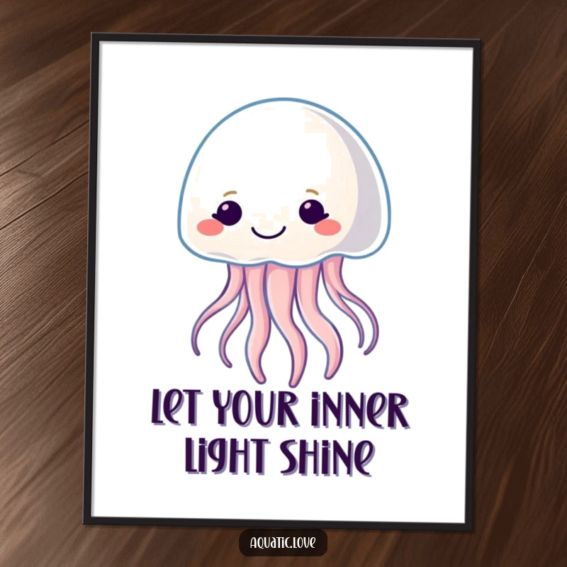 Free Printable Wall Art: A smiling jellyfish gently pulsates with soft, enchanting light, creating a calming underwater ambiance.