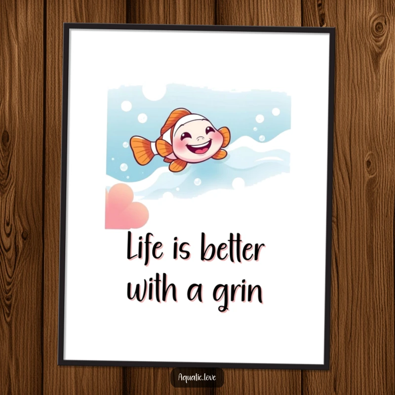 Funny Free Printable Wall Art: A little clownfish with a super wide grin playfully slides down a bubbly, effervescent current.