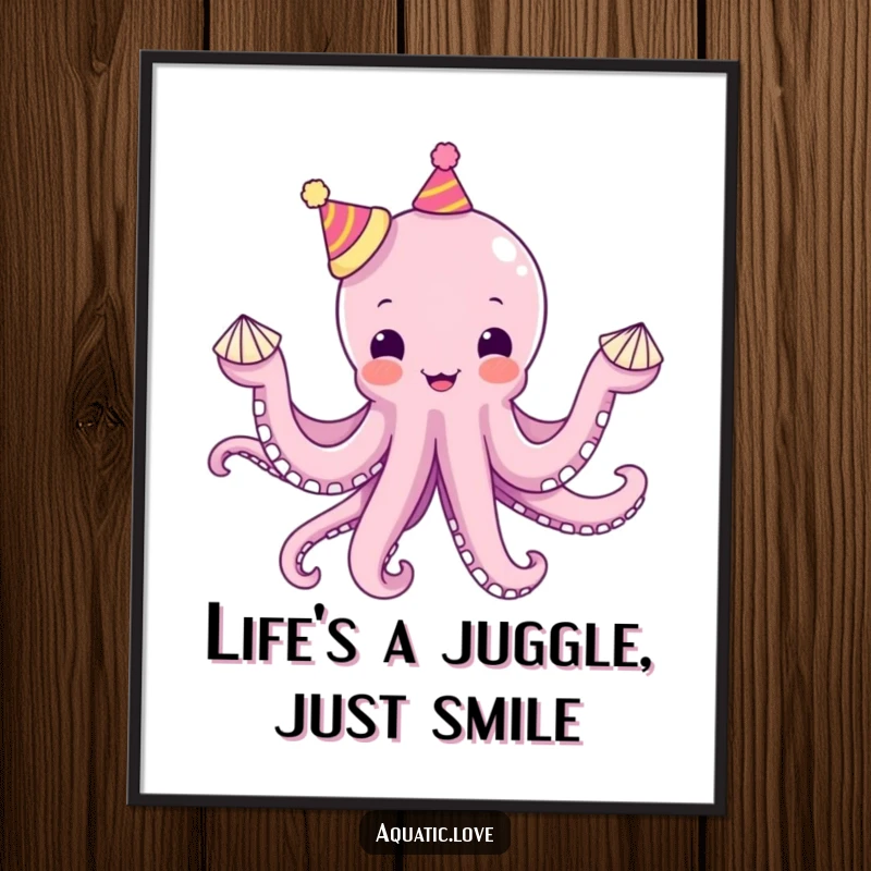 Funny Free Printable Wall Art: Delighted octopus with tiny hats juggles seashells on each tentacle, showcasing talent.