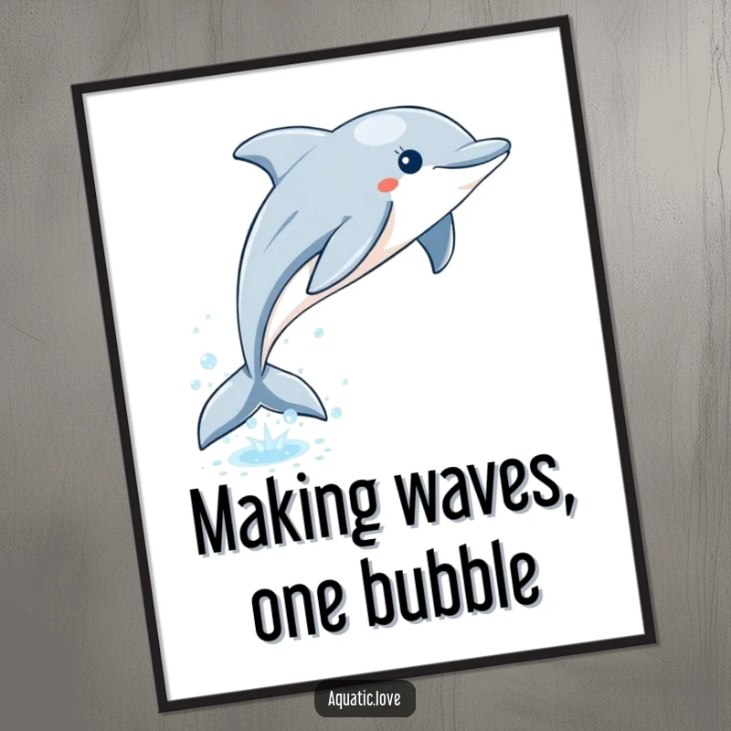 Funny Free Printable Wall Art: Playful dolphin leaps majestically from sparkling blue water, leaving a trail of bubbles.