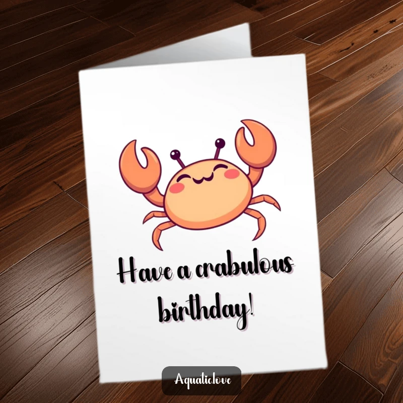 Funny Free Printable Birthday Card: Giggling crab with claws high scuttles sideways, ready for a happy birthday.