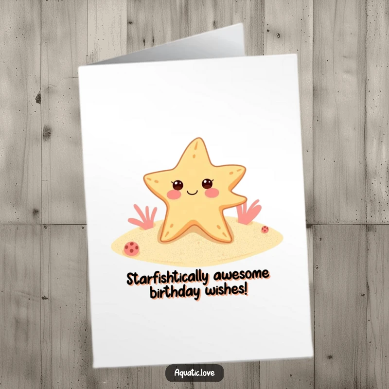 Funny Free Printable Birthday Card: Cheerful starfish in flippers winks from sandy seabed, ready to party.