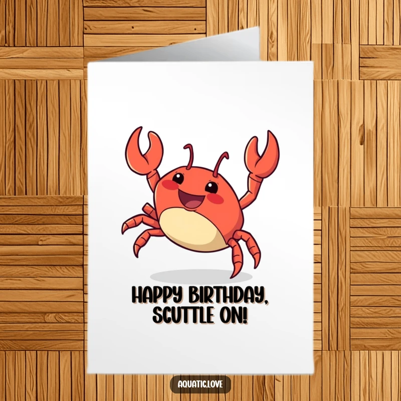 Free Printable Birthday Card: A delighted crab character performs a fast, sideways scuttle with great energy, wishing happy birthday.