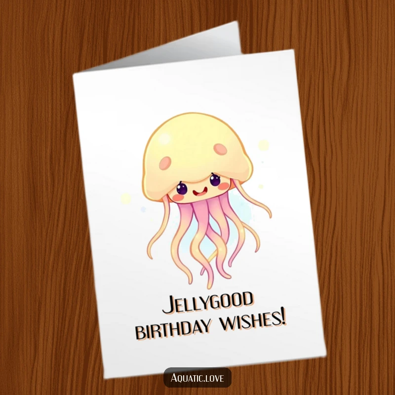 Funny Free Printable Birthday Card: A happy jellyfish with bright, glowing tendrils bobs cheerfully in the deep blue water.