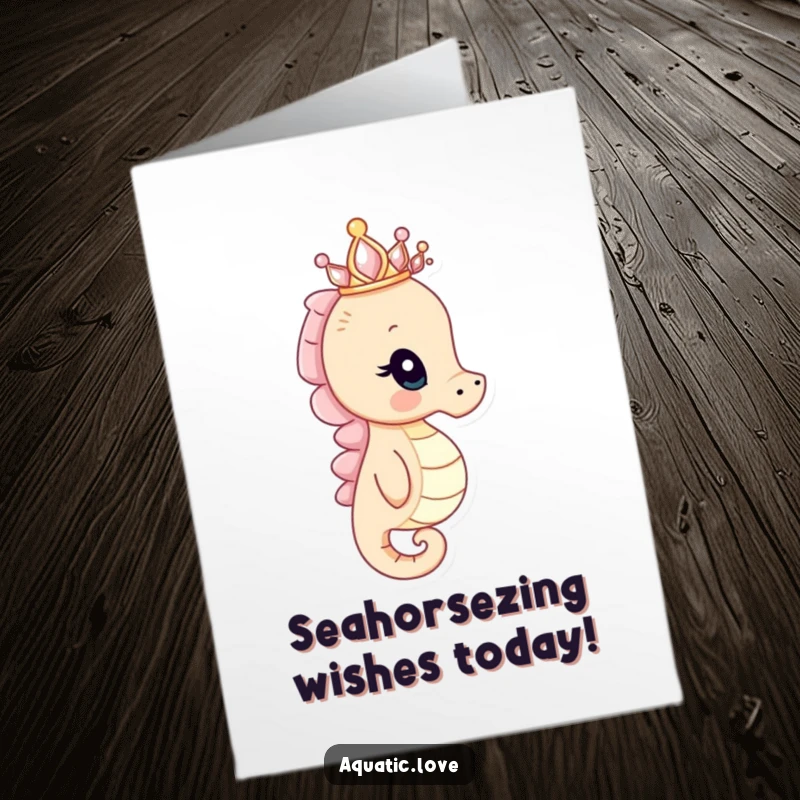 Funny Free Printable Birthday Card: Curious seahorse wearing a seashell crown peers into the distance, wishing happy birthday.