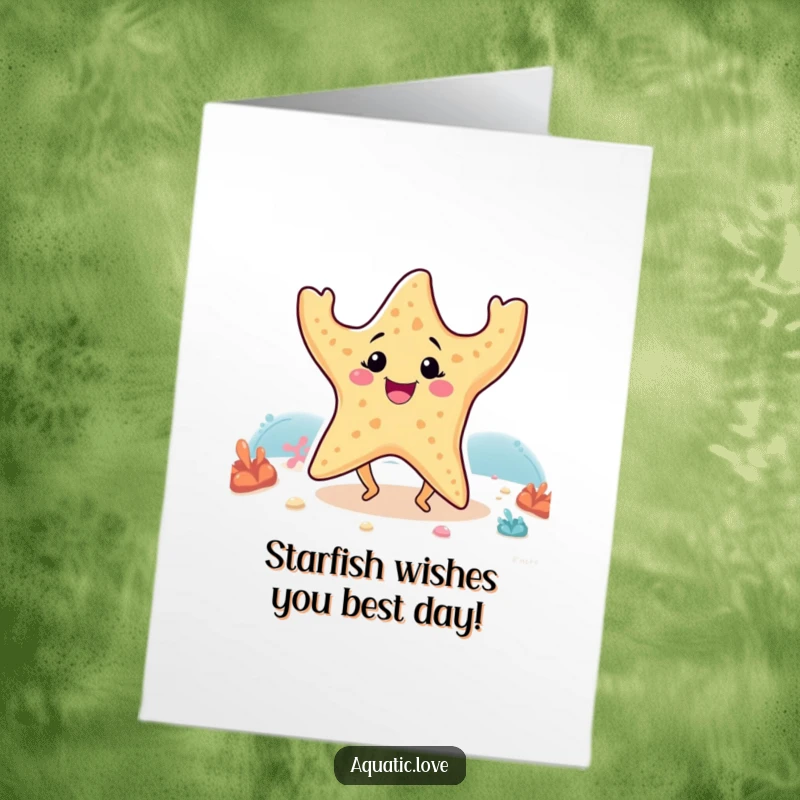 Funny Free Printable Birthday Card: A smiling starfish with tiny legs enthusiastically dances on the seabed, spreading joy.