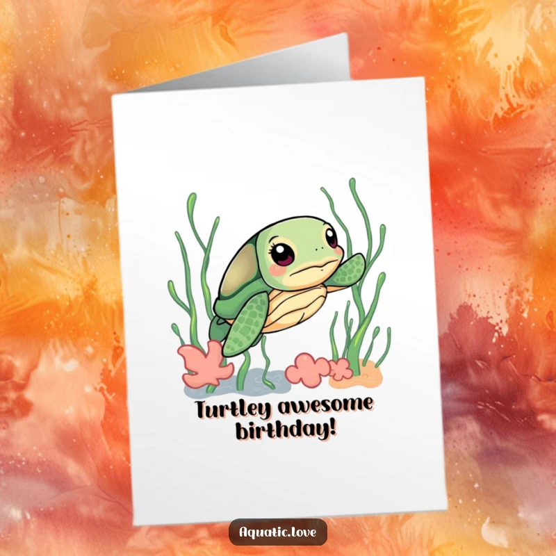 Funny Free Printable Birthday Card: A curious sea turtle with a determined expression swims through vibrant, playful seaweed.