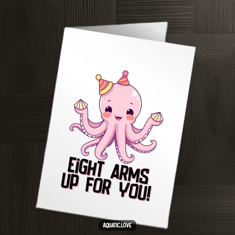 Funny Free Printable Congratulations Card: Octopus juggles seashells with tiny hats on tentacles, celebrating achievements.