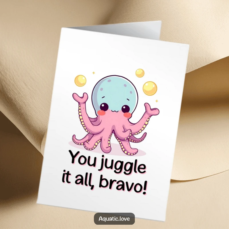 Funny Free Printable Congratulations Card: A skilled octopus juggles glowing pearls, symbolizing your amazing achievement with flair.