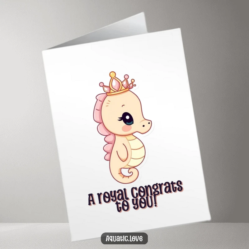 Funny Free Printable Congratulations Card: Curious seahorse with a tiny seashell crown looks ahead, celebrating success.