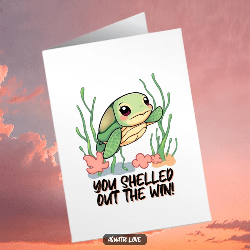 Funny Free Printable Congratulations Card: A sea turtle with a focused gaze navigates expertly through wavy, playful seaweed.