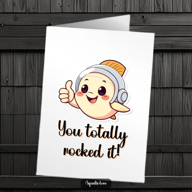 Funny Free Printable Congratulations Card: Cheerful fish in a tiny diving helmet giving a thumbs up, celebrating success.