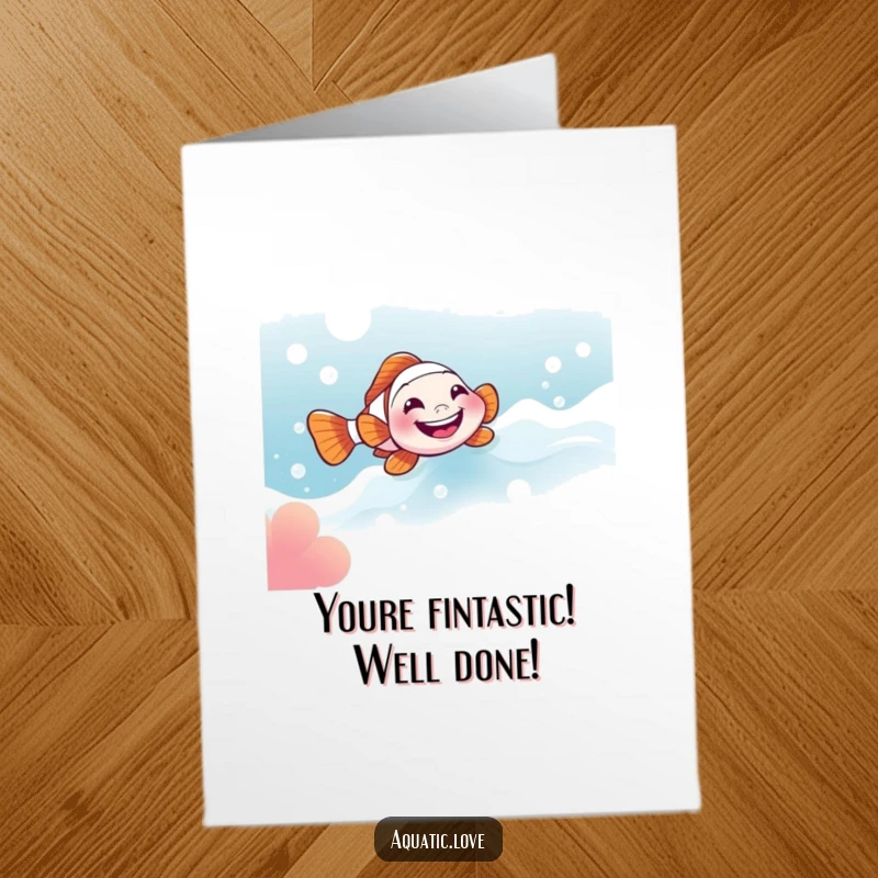 Funny Free Printable Congratulations Card: A grinning clownfish looks thrilled as it slides down an effervescent, bubbly stream.