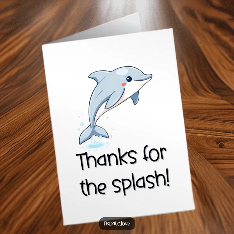 Funny Free Printable Thank You Card: A playful dolphin leaps from sparkling water, leaving bubbles as a thank you.