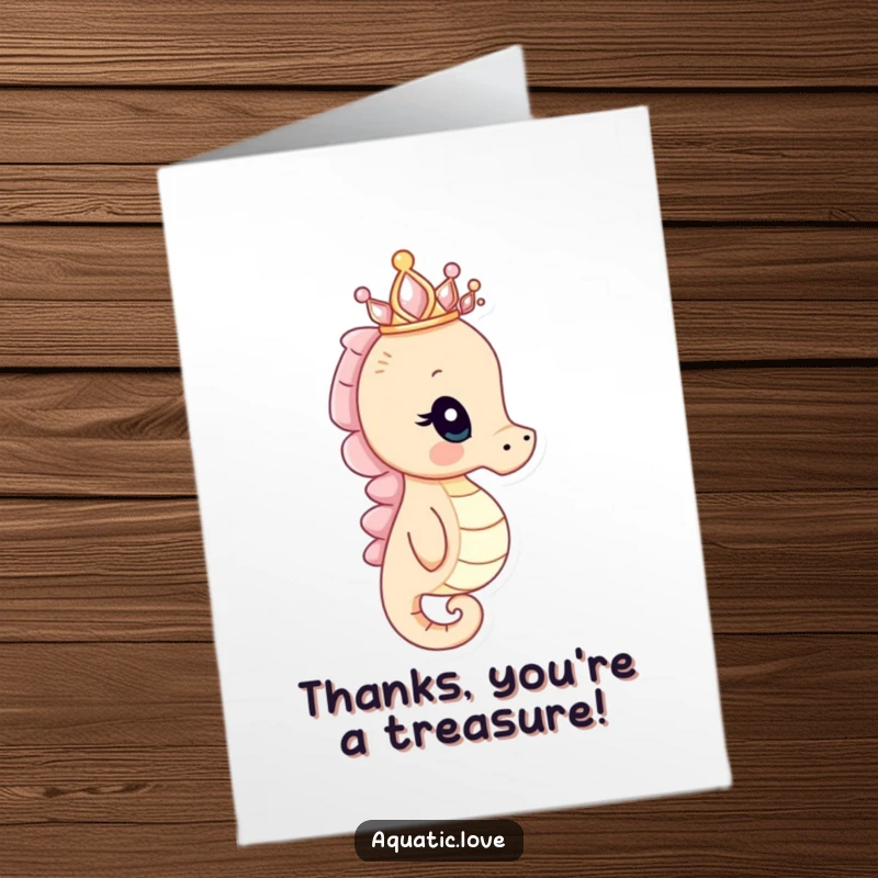Funny Free Printable Thank You Card: A curious seahorse wearing a seashell crown peers thoughtfully, expressing thanks.