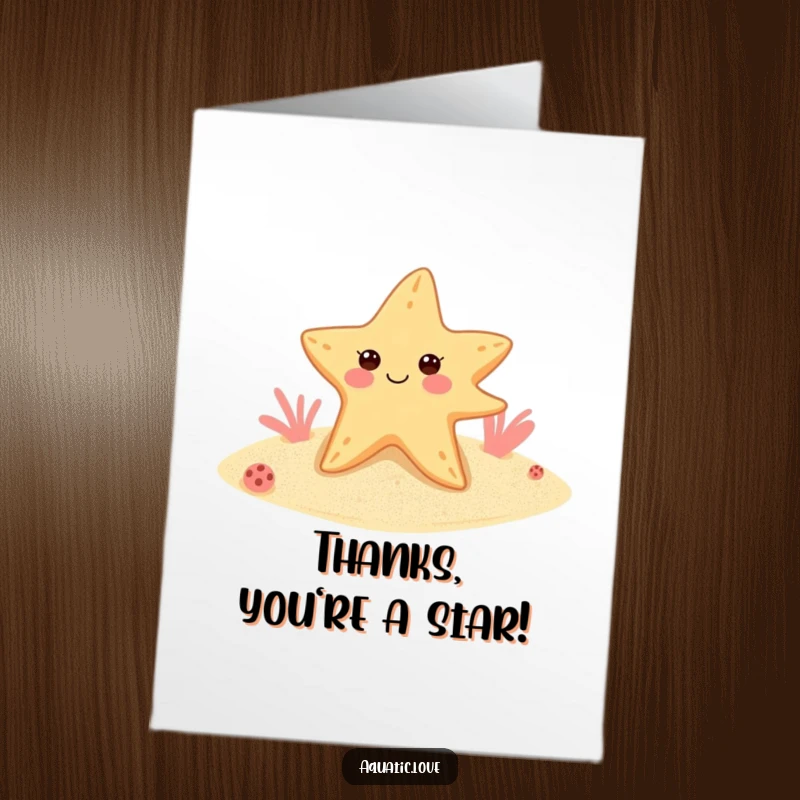 Funny Free Printable Thank You Card: Starfish in flippers winks, offering thanks from a sandy seabed.