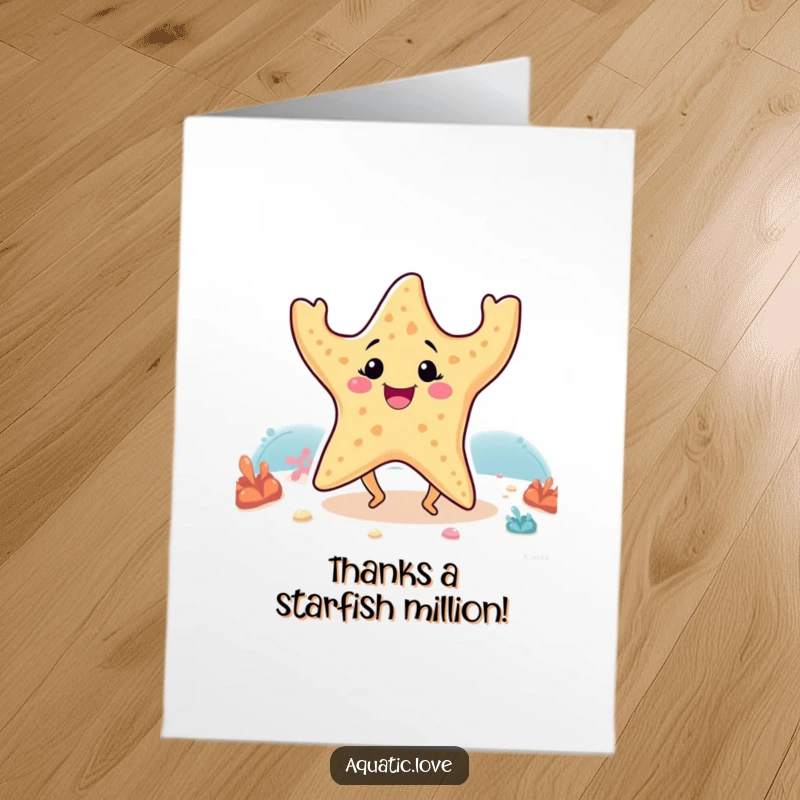 Funny Free Printable Thank You Card: A happy starfish with small legs dances joyfully under the sea.